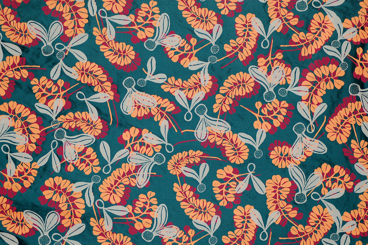 Jigal leaf and helicopter seed pod on petrol silk - Mrs C Djiagween