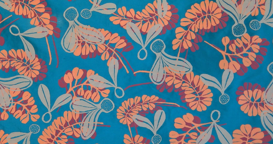 Jigal leaf and helicopter seed pod on peacock silk - Mrs. C. Djiagween